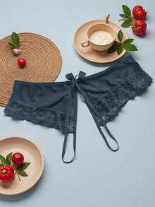 AB. Sexy Lace Open Crotch Panties With Bow Accent, Transparent Mesh Floral Trim Thong - Black - View 1