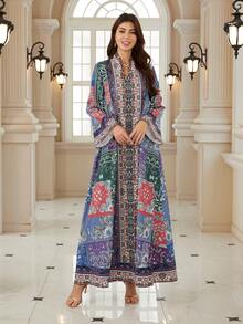 优雅女士V领长袖波西米亚印花连衣裙，采用柔软面料制成，展现充满活力的波西米亚风格 - BX02 - 查看 5