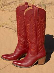 Womens Jaripeo Red Cowboy Boots For Women Comfortable Retro Pull On Pointed Toe Wide Calf Long Tall Block Chunky Heel Embroidered Boots Country Concert Festival Shoes - 紅色 - 查看 2