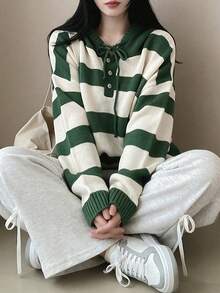 Contrast Color Hooded Striped Loose Knit Casual Pullover Sweater For Women - Green - View 7