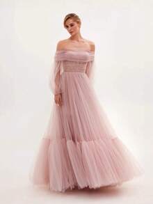 New Long Women's One-Shoulder Mesh Long-Sleeved Wedding Dress Tulle Long Dress - Blue - View 3