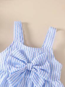 两件套柔软舒适休闲优雅女婴套装，可爱条纹荷叶边蝴蝶结装饰公主裙，母女亲子装，幼儿女童服装，适合夏季日常穿着、度假、派对、户外活动 - 彩色 - 查看 5