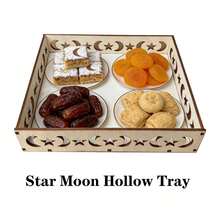 1pc Wooden Tray - Eid Mubarak Hollow Moon & Star Pattern Food Tray, Tableware Decor Gift, Suitable For Pastries, Cupcakes, Home Decor, Party Supplies - Multicolor - View 8