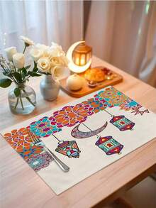 1pc Ramadan Crescent Moon Pattern Table Runner, Ramadan Home Decor Table Runner, Islamic Home Decor, 1pc Table Runner, 4pcs Placemats, 1pc Cushion Cover, 3 Products Available, Home Decor Indoor/Outdoor Party Supplies, Room Decoration. Suitable For Ramadan Home Kitchen Decor And Ramadan Event Party Decoration - Multicolor - View 5
