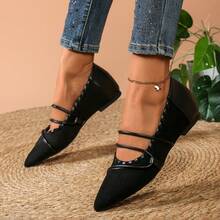 2026 New French Pointed Toe Mary Jane Vintage Solid Color Basic Ruffle Increased Inner Height Plus Size Women Shoes, Suitable For Home, All Seasons, Evening Wear - Black - View 9