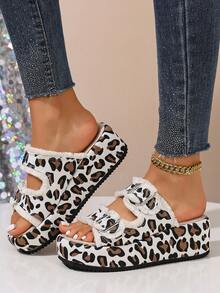 Women's Leopard Print Platform Slide Sandals With Tassel Trim, Chunky Sole, Fashionable Summer Slip-On Slippers For Commuting And Vacation, Versatile - Black and White - View 9