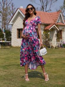 KUYIGO Women's Summer Long Dress, Casual Bohemian Style Floral Print V-Neck Short-Sleeved Pleated Ruffle Chiffon Beach Maxi Dress - Nhiều màu - Xem 3