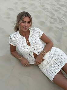 2pcs/Set Women's Crochet Hollow Out Sexy Sleeveless Knit Cardigan + Shorts, Summer Vacation Outfit - Women's 2pcs Vacation Set, Crochet Hollow Out Club Sexy Fitted Suit - White - View 4