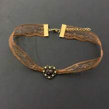 Brown, Lace, Vintage Choker Necklace, Women's, Retro Pearl, Heart Pendant, Clavicle Chain, Versatile Everyday Necklace. - 夢幻紫色項圈32+7cm - 查看 7