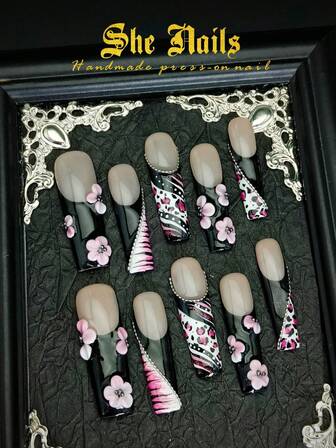 Uñas postizas DIY con estilo barroco Y2K brillante con 10 uñas negras, uñas con flores brillantes de forma cuadrada larga y extra larga hechas a mano de acrílico, uñas francesas largas cuadradas con puntas brillantes, uñas hechas a mano con flores rosas, estampado de leopardo rosa, estampado de cebra, metálico plateado, lunares, escamas de pez
