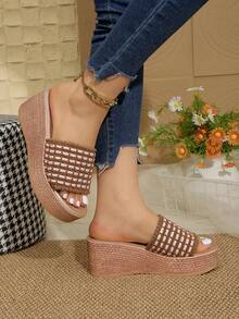 女士编织带凉鞋，厚底超高坡跟沙滩拖鞋 - 棕色 - 查看 5