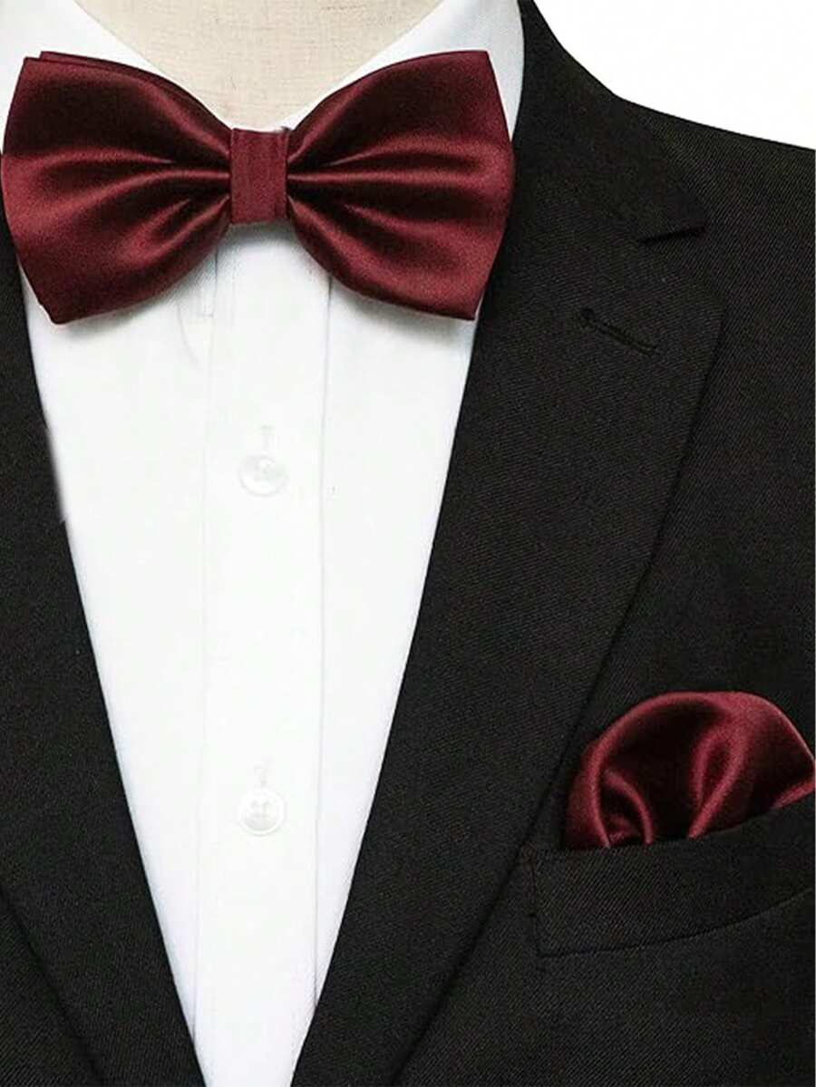 1 套男士纯色商务领结和口袋巾套装,新郎婚礼派对领结和手帕两件套,男士礼物(口袋巾 22x22cm) - 酒紅色 - 查看 1