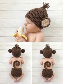 新生儿摄影服装三件套，包括猴子帽、尿布套、香蕉服、手工针织裤、帽子、连体衣、动物角色扮演摄影道具 - 咖啡棕 - 查看 4