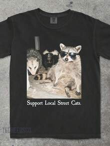 Support Local Street Cats Shirt, Funny Raccoon Skunk Possum T-Shirt, Retro Animal Lover Meme Tee, Vintage Style  T-Shi - 黑色 - 查看 1
