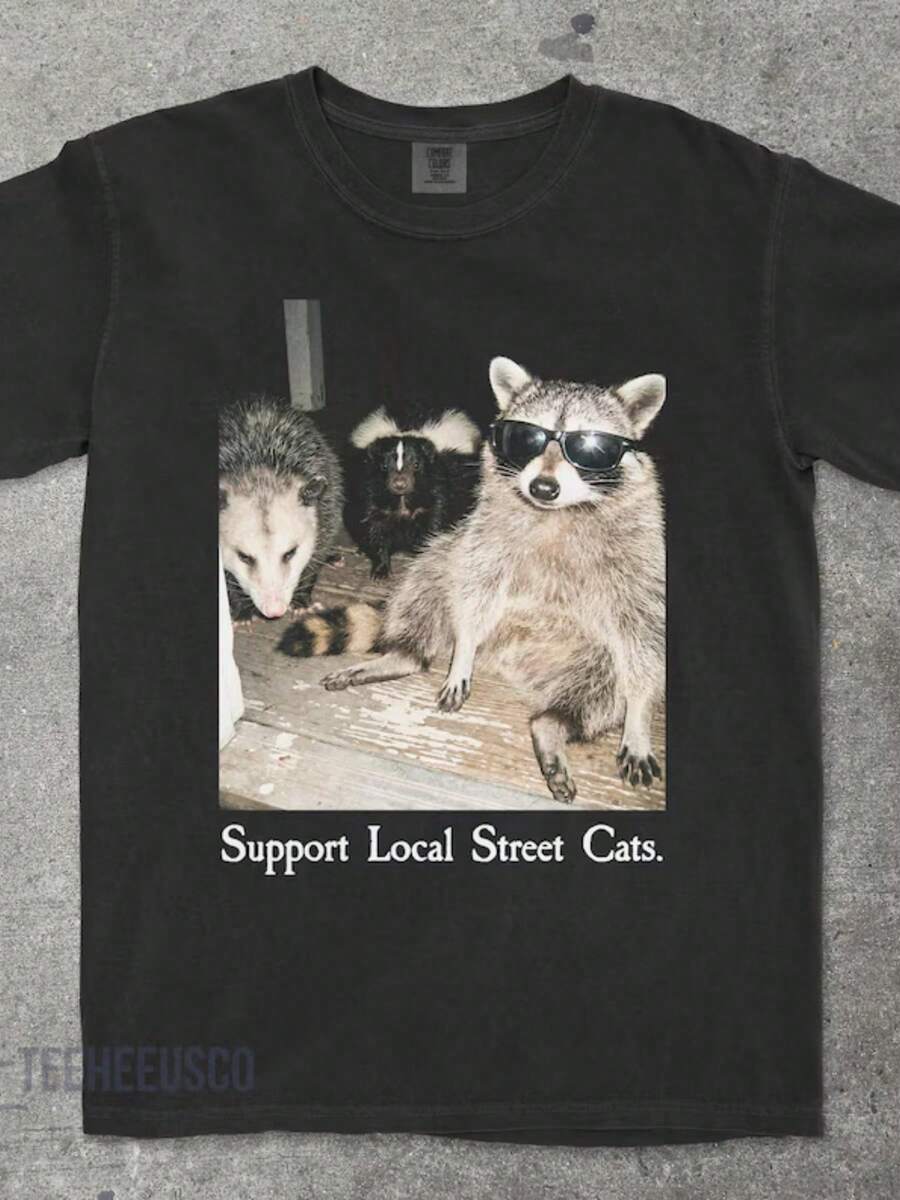 Support Local Street Cats Shirt, Funny Raccoon Skunk Possum T-Shirt, Retro Animal Lover Meme Tee, Vintage Style T-Shi - 黑色 - 查看 1