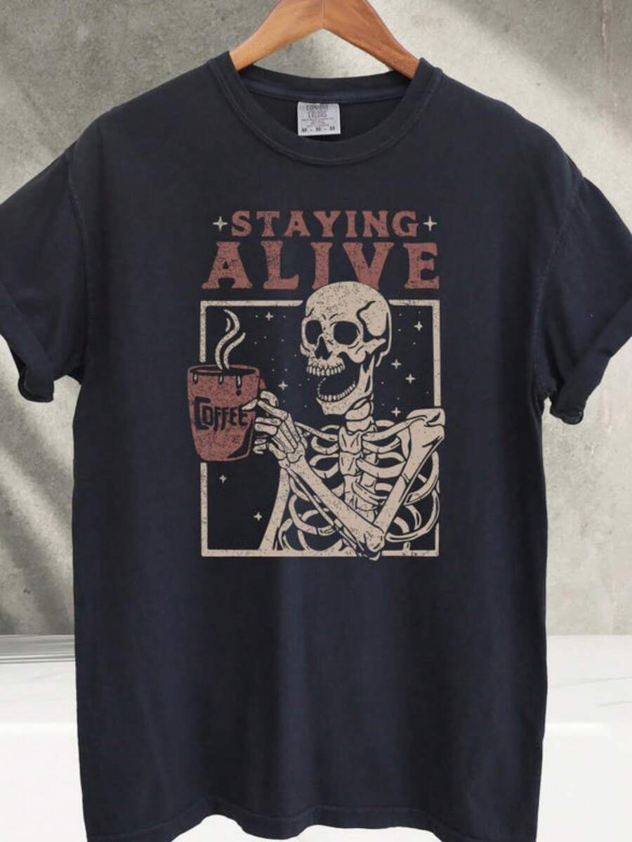 Staying Coffee Alive TShirt, Coffee Shirt, Funny Skeleton Shirts, Coffee Lovers Gift Skull Vintage - Black - View 1