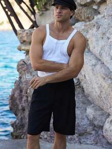 Men's Solid Color White Sleeveless Casual Minimalist Daily Versatile Tank Top, Simple White Square Neck Ribbed - White - View 4
