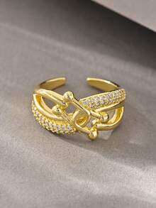 1pc Micro-Inlaid Zirconia Ring, Suitable For Women's Daily, Dating, Vacation, Wedding Wear - Gold - View 4