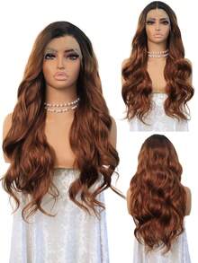 Chestnut Brown With Dark Root Body Wave Lace Front Wig 13*4 Lace Front Synthetic Wigs With Pre Plucked Natural Hairline Synthetic Lace Frontal Wigs Heat Resistant Fiber Daily Festival For Women 24 Inch - Brown - View 11