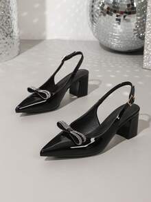 Spring New Fashion Women's Pointed Toe Wedding High Heel Shoes, Thick Heel Rhinestone Bow Casual Comfortable Pumps - Black - View 6
