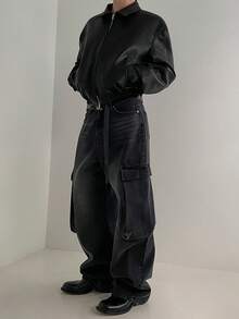 Giacca corta da uomo vintage in pelle, stile Melard, cappotto primaverile ampio con colletto risvoltato, giacca in pelle in stile coreano effetto invecchiato - Castano - Visualizzare 5