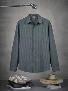 LOOKUN 复古风男士长袖衬衫，高品质条纹衬衫，商务休闲免烫长袖衬衫，冬季必备 - 藏蓝色 - 查看 4