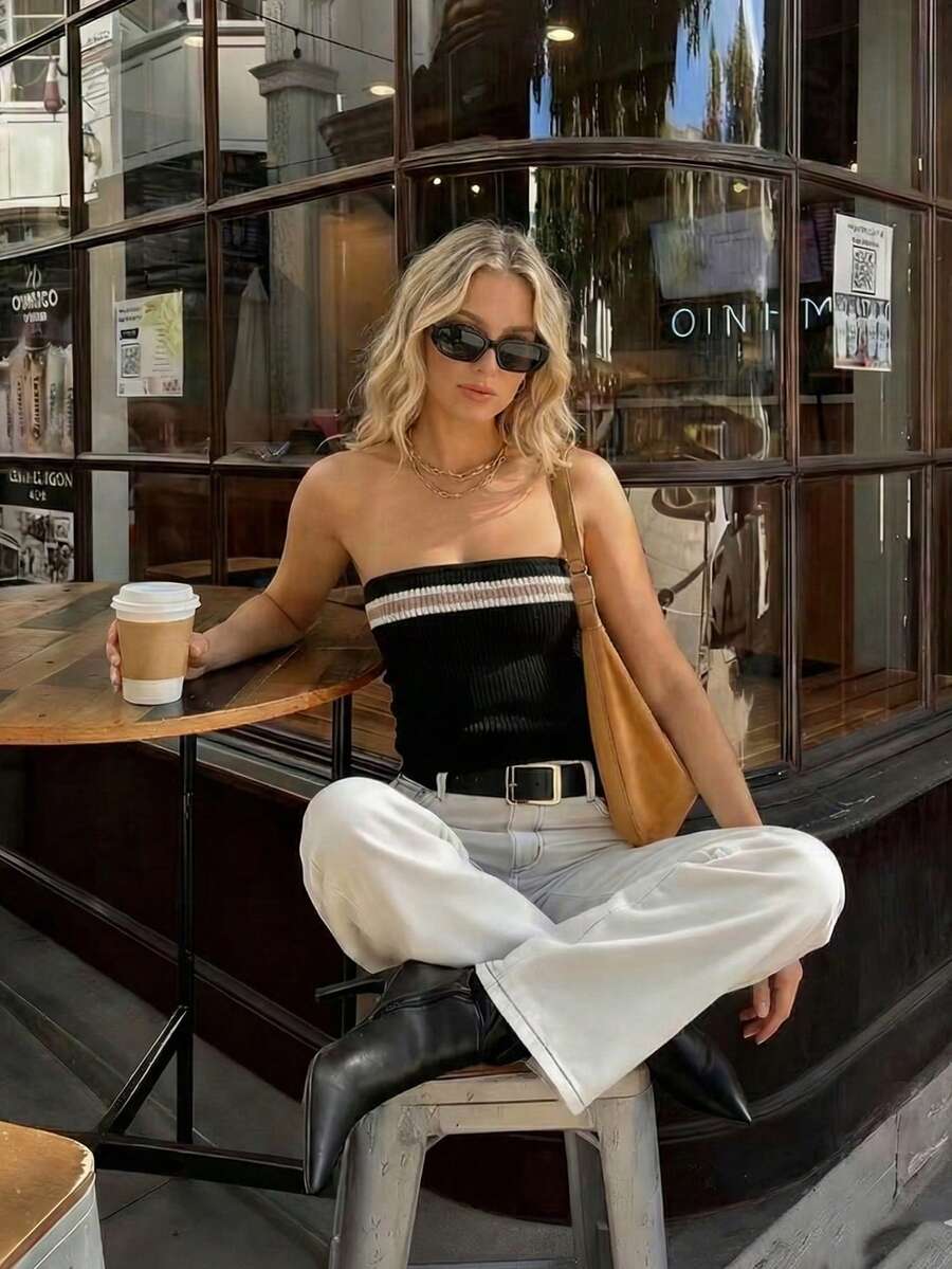 女士无袖针织吊带背心，休闲时尚，通勤必备，基础款套头吊带衫 - 黑色 - 查看 1