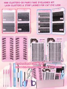 1488 Clusters+20 Pairs Fake Eyelashes Kit: Lash Clusters & Strip Lashes For Cat Eye Look, Complete DIY Extension Set With D-Curl Clusters (10-16mm), Lash Glue, Remover, Tweezers & Brush, Natural To Dramatic Style - Multicolor - View 2
