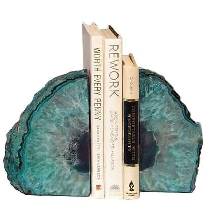 Teal Agate Bookends Geode Book Ends Heavy Duty Bookend Holder Decor With Rubber Bumpers Small1 Pair, 23 LBS