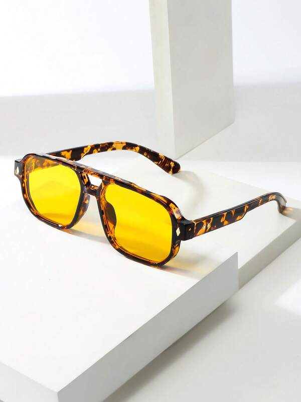1pc Men's Classic Square Double-Bridge Minimalist Stylish PC Frame Glasses, Suitable For Party, Casual, Holiday, Travel, Beach, Daily Wear