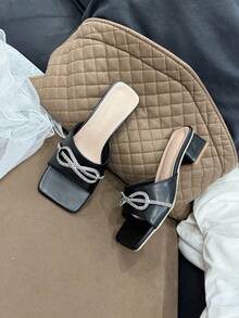Black Rhinestone Strap Chunky Heel Sandals, Fashion Versatile Square Toe Comfortable Non-Slip Slides For Teens, Suitable For Party, Daily Wear - Black - View 11