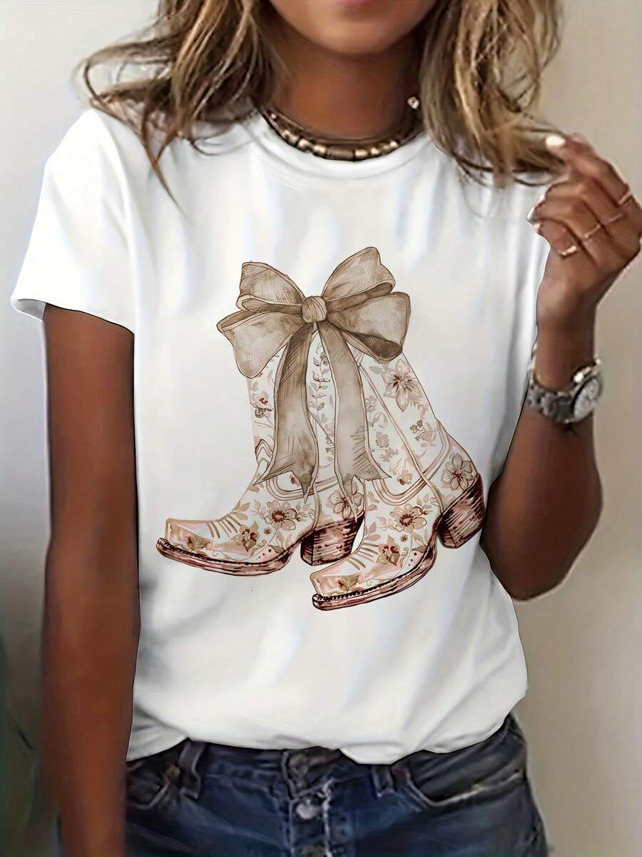 Women's Round Neck Fitted-ShirWomen's Style Printed Short Sleeve Round Neck-Shirt- Breathable Summer Spring Wear, Western Inspired Design, Comfortable Fit, Bohemian Chic, Washable-Suitable Daily Wear, Vacation, Party, - 白色 - 查看 1