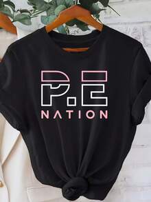 PE Nation Women Casual Short Sleeve T-Shirt With Printed Round Neck Fashionable Regular Fit Tee - 黑色 - 查看 8