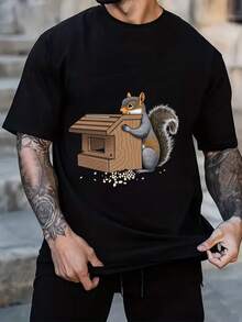 Essential Black Cotton T-Shirt With Squirrel Pattern - Black - View 1