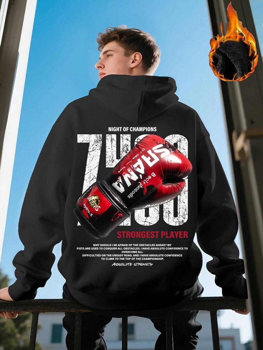 Sudadera deportiva casual de calle con capucha para hombre con estampado de patrón de guante de boxeo, cálida y aislante - Negro - Ver 1