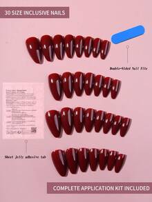 30 piezas de pegatinas de uñas en color rojo vino brillante con punta, de tamaño mediano para un ajuste perfecto, de material acrílico, que incluye 1 pieza de gel de gelatina y 1 lima de uñas. Este set de pegatinas de uñas de color púrpura-rojo de estilo de Oriente Medio es adecuado para que las mujeres y las niñas lo usen para el uso diario, el trabajo, el estudio y las fiestas. Suministros para uñas - Multicolor - Ver 3