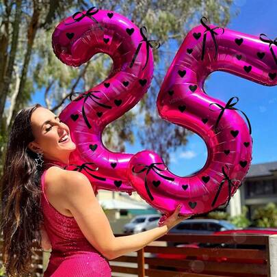 9个大号玫瑰红数字气球（0-9），配黑色蝴蝶结和心形贴纸 - 铝箔数字气球，气球装饰，适用于生日、婚礼、周年纪念、圣诞派对装饰 - 数字气球：0、1、2、3、4、5、6、7、8、9