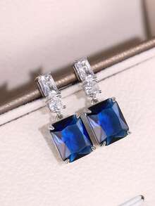 1 Pair Women's Luxury Blue Zirconia Earrings, Elegant Design, Perfect For Daily Wear, Parties,Anniversary Valentine's Day Gift(No Box) - Earrings - View 1