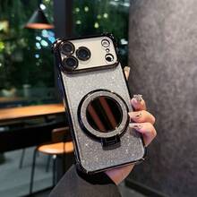 Luxury Bling Electroplated Phone Case Compatible With IPhone17 Promax 16 Pro 16e 15 14 13 12 Compatible With Samsung Galaxy S25Ultra S24Ultra S23Ultra S22Ultra - Women's Fashion Sparkle Cover With Mirror & Foldable Stand, Full Body Shockproof Anti-Fall Cover - Black - View 3