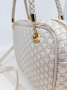 Vegen Leather Checkered Crossbody Bag For Women Small Cute Vegan Leather Purses Boho Shoulder Plaid Handbags Top Handle Satchel Bag Wide Strap Woven Bum Bag |   Stylish Woven Crossbody Bag Adjustable Strap For Travel Festivals & Everyda PU Leather Checkered Clutch Purses Underarm Shoulder Handbag - 杏白格子 - 查看 10