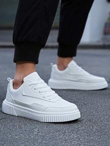 Men's Skate Shoes, White Leather Sneakers With Thick Wave Sole, Non-Slip Comfortable Low-Top Shoes For Casual Wear, Street Style Gift For Him - 白色 - 查看 3