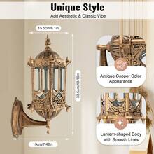 CNCEST E27 Vintage Retro Wall Lamp Exterior Wall Mount Light Fixture, Antique Brass Lanterns Glass Sconce For Indoor Outdoor Garden Porch Walkway Sconce (6.1" X 13.19") - Copper Color - 查看 7
