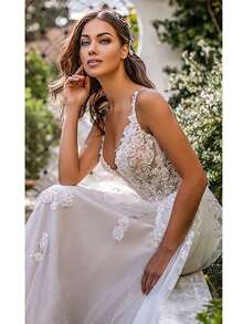 Elegant Sexy A Line V Neck Backless Lace Appliqué Tulle Formal Wedding Dress Registry Office Dresses Bridal Dress,Evening Party Dress Birthday Party Dress Country Wedding,Romantic Church Ceremony Wedding Dress,Suitable For Wedding,Dating,Party,Singles' Party,Vacation,Formal Occasions,Dinner Dress,Prom Dress,Homecoming Dess,Cocktail Party,Wedding Guest Dress,Graduation - Blanco - Ver 3