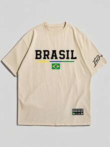 Men's Loose Brazil English Print Round Neck Short Sleeve T-Shirt | Exquisite Design | Summer Essential | Easy To Match - Apricot - View 3