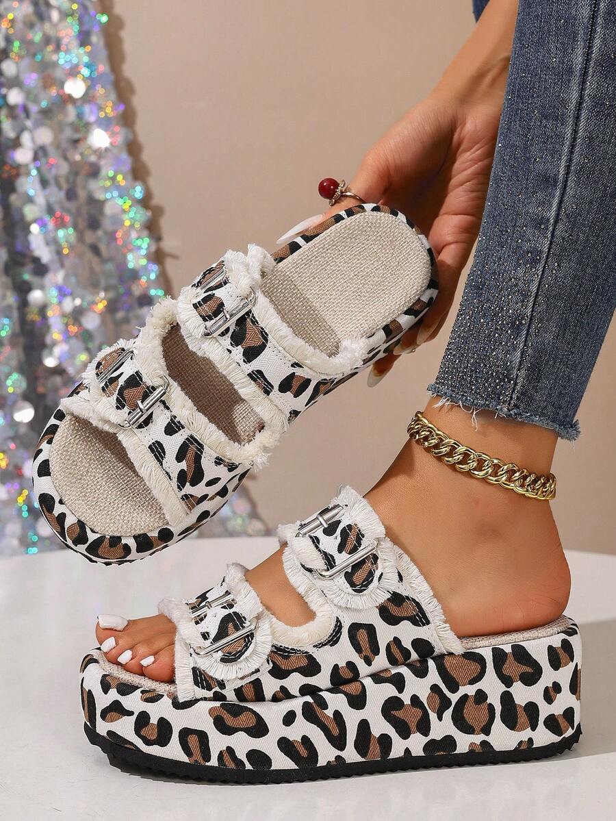 Women's Leopard Print Platform Slide Sandals With Tassel Trim, Chunky Sole, Fashionable Summer Slip-On Slippers For Commuting And Vacation, Versatile - Black and White - View 1
