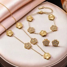 18K Gold Plated Stainless Steel 5-Petal Flower Jewelry Set, Designed For Women, Includes Necklace, Earrings And Bracelet Adorned With Diamonds, Luxurious And Fashionable Everyday Accessory - Multicolor - View 4