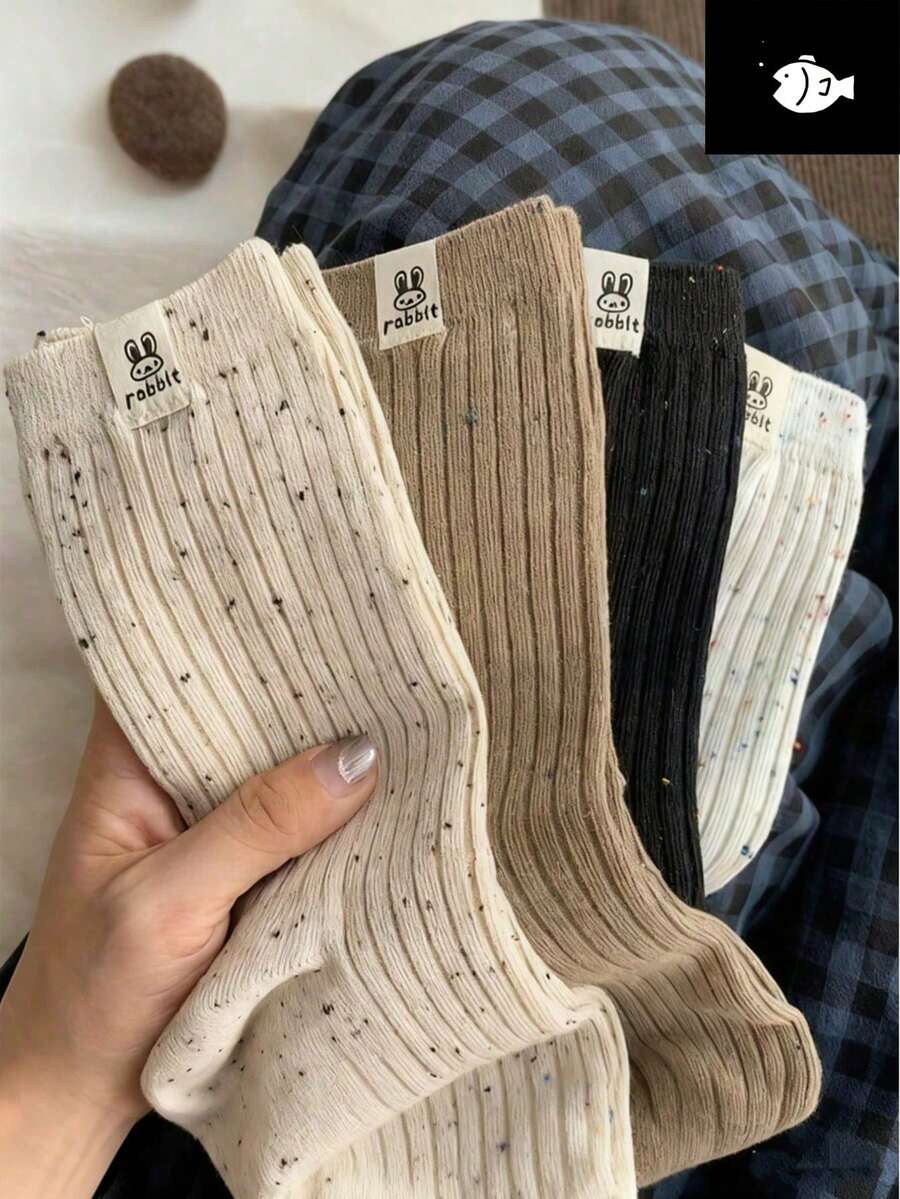 A Pair Of Solid-Colored Mid-Calf Socks For Women, Casual, Breathable And Fashionable Socks, Ankle Socks And Pantyhose For Women, Warm Winter Socks, Rabbit Pattern Design, Suitable As Gifts - trắng - Xem 1
