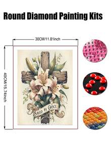 5D十字架钻石画套装，适合成人初学者，DIY全圆钻钻石画套装，宗教十字架配百合花，钻石点画宝石艺术水晶简易款，家居墙面装饰 - 彩色 - 查看 3