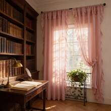 1pc French Luxury Ruffle Edge Voile Curtain, Elegant Solid Color French Style Curtain With Ruffle Edge, Suitable For Bay Window, Living Room, Bedroom, Office, Kitchen, Study, Home Decor - Pink - View 10