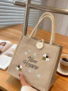 Women's Multifunctional Tote Bag ,The Cute Pattern With Bees And Hearts Printed On It,Holiday Style Letter Design Shopping Bag, Suitable For Weddings, Birthdays, Beaches, And Holidays, Linen Tote Bag, Teacher's Day Gift Bag,Portable Lightweight Foldable Storage Bag, Simple Bag, Nurse, Doctor - Multicolor - View 3